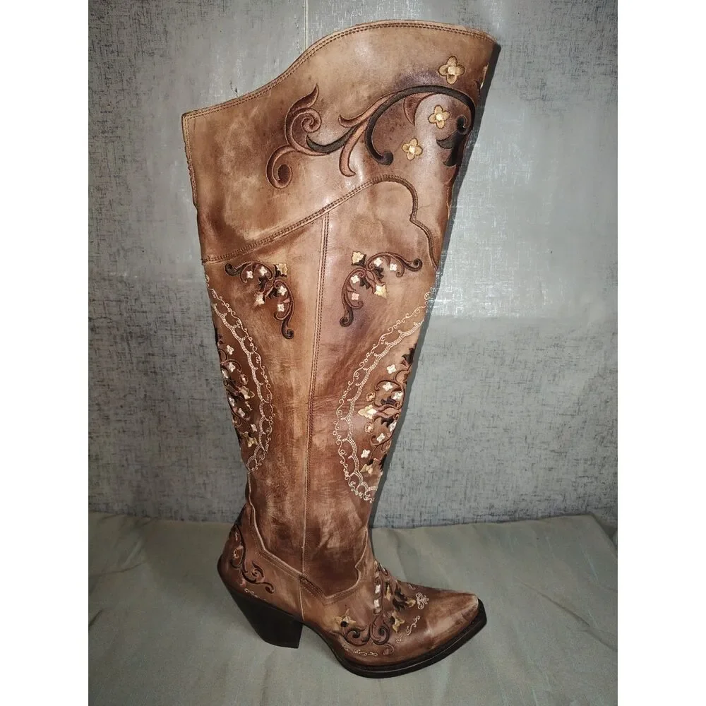 Dan Post Jilted Knee High Flower Embroidery Western Boots Sz 8.5M